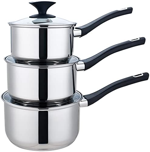 ROYAL CUISINE 3- Piece Set of Stainless-Steel Pans 16cm, 18cm & 20cm Draining Saucepan Set with Strainer Lids