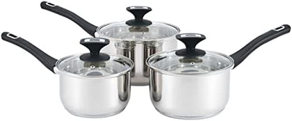 ROYAL CUISINE 3- Piece Set of Stainless-Steel Pans 16cm, 18cm & 20cm Draining Saucepan Set with Strainer Lids