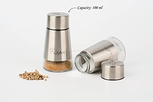 Royal Cuisine Salt and Pepper Shakers Stainless Steel and Glass Set| Elegant Stainless Steel Salt and Pepper Dispenser| Spices W/Collapsible Funnel