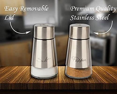 Royal Cuisine Salt and Pepper Shakers Stainless Steel and Glass Set| Elegant Stainless Steel Salt and Pepper Dispenser| Spices W/Collapsible Funnel