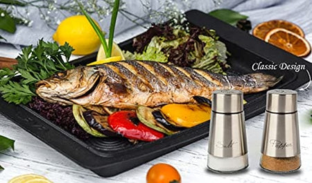 Royal Cuisine Salt and Pepper Shakers Stainless Steel and Glass Set| Elegant Stainless Steel Salt and Pepper Dispenser| Spices W/Collapsible Funnel