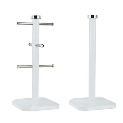 Set of 6 Cup Mug Tree Stand and Linear Kitchen roll/Paper Towels Holder Stainless Steel - Coffee Tea Cups Mugs draining Rack| Kitchen Storage Accessories (White, grey)