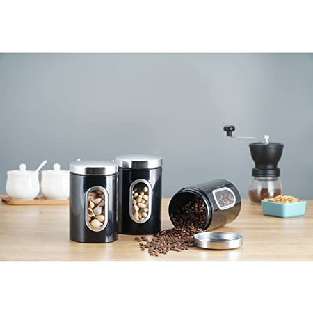 Stainless Steel Round Canister Set Of 3 Clear Window and Multi Food Storage Jars