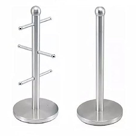 Kitchen Paper Towel Stand & 6 Cup Mug Tree Set - Silver