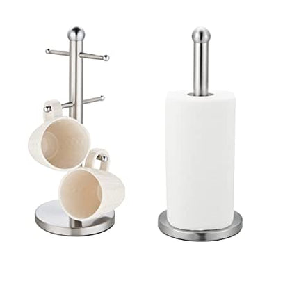 Kitchen Paper Towel Stand & 6 Cup Mug Tree Set - Silver