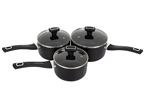 Royal Cuisine 3pcs Aluminium Saucepan Set Non-Stick with Glass lid Bakelite Handled 16/18/20cm Black