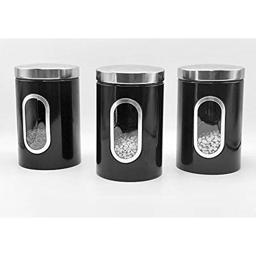 Stainless Steel Round Canister Set Of 3 Clear Window and Multi Food Storage Jars (Black)