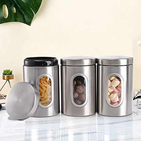 Stainless Steel Round Canister Set Of 3 Clear Window and Multi Food Storage Jars
