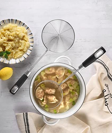 Royal Cuisine Stainless Steel Wire Spider Skimmer fine mesh Spiral Strainer for Chicken/Pasta Heat Resistant Handle Kitchen Cooking Utensils