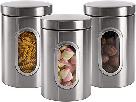 Stainless Steel Round Canister Set Of 3 Clear Window and Multi Food Storage Jars