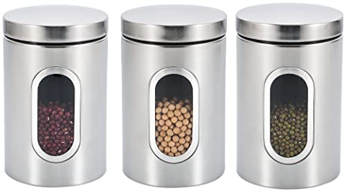 Stainless Steel Round Canister Set Of 3 Clear Window and Multi Food Storage Jars (Black)