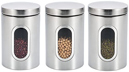 Stainless Steel Round Canister Set Of 3 Clear Window and Multi Food Storage Jars
