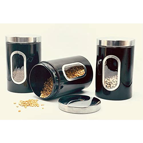 Stainless Steel Round Canister Set Of 3 Clear Window and Multi Food Storage Jars (Black)