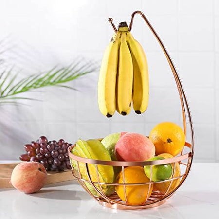Royal Cuisine Fruit Basket with Banana Hanger/Hook Chrome Wire Modern/Elegant Vegetable Storage Bowl Fixed Holder Stand