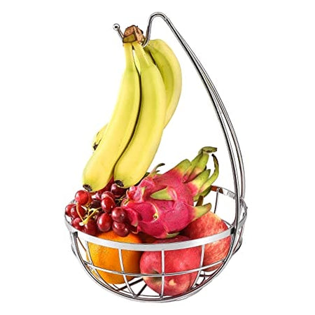 Royal Cuisine Fruit Basket with Banana Hanger/Hook Chrome Wire Modern/Elegant Vegetable Storage Bowl Fixed Holder Stand