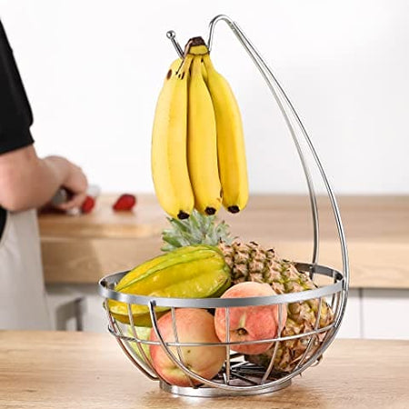 Royal Cuisine Fruit Basket with Banana Hanger/Hook Chrome Wire Modern/Elegant Vegetable Storage Bowl Fixed Holder Stand