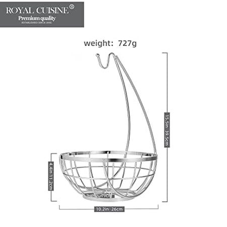 Royal Cuisine Fruit Basket with Banana Hanger/Hook Chrome Wire Modern/Elegant Vegetable Storage Bowl Fixed Holder Stand