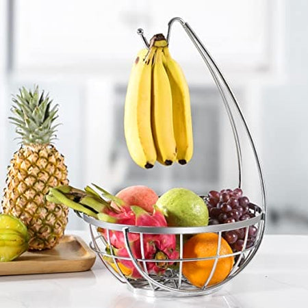 Royal Cuisine Fruit Basket with Banana Hanger/Hook Chrome Wire Modern/Elegant Vegetable Storage Bowl Fixed Holder Stand