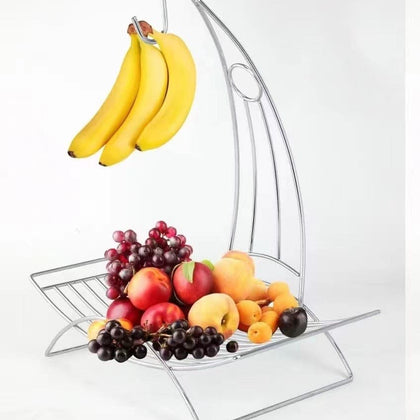 Royal Cuisine Fruit Basket Fruit Bowl with Banana Hook Tall, Wired Fruit Rack/ Banana Stand Hanger - Silvery Iron Chrome Finish