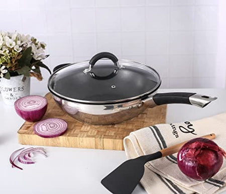 Royal Cuisine Stainless Steel Wok Pan with Glass Lid 28cm