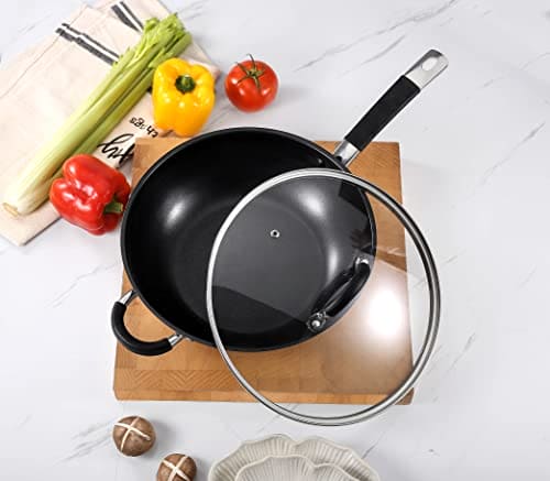 Royal Cuisine Stainless Steel Wok Pan with lid, Stir Fry Pan with Glass Cover Compatible with Induction, Energy Saving (28cm)