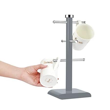 Set of 6 Cup Mug Tree Stand and Linear Kitchen roll/Paper Towels Holder Stainless Steel - Coffee Tea Cups Mugs draining Rack| Kitchen Storage Accessories (White, grey)