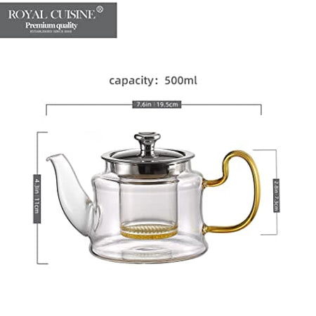 Royal Cuisine Glass Teapot, Premium Borosilicate Glass with Removable Infuser, Stovetop Safe Tea Kettle,