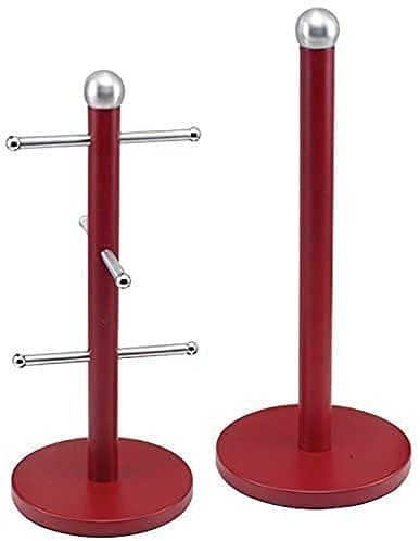 Royal Cuisine Kitchen Roll Paper Towel Stand Pole Holder and 6 Cup Mug Tree Set with Weighted Anti-Slip Base Stainless Steel (Red)