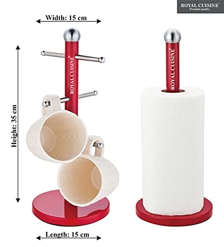 Royal Cuisine Kitchen Roll Paper Towel Stand Pole Holder and 6 Cup Mug Tree Set with Weighted Anti-Slip Base Stainless Steel (Red)